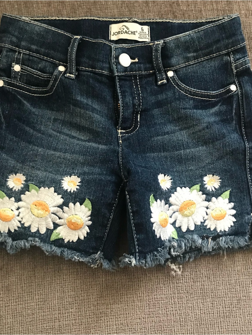 Jordache Dark Blue Denim Shorts with White & Yellow Daisy Embroidery